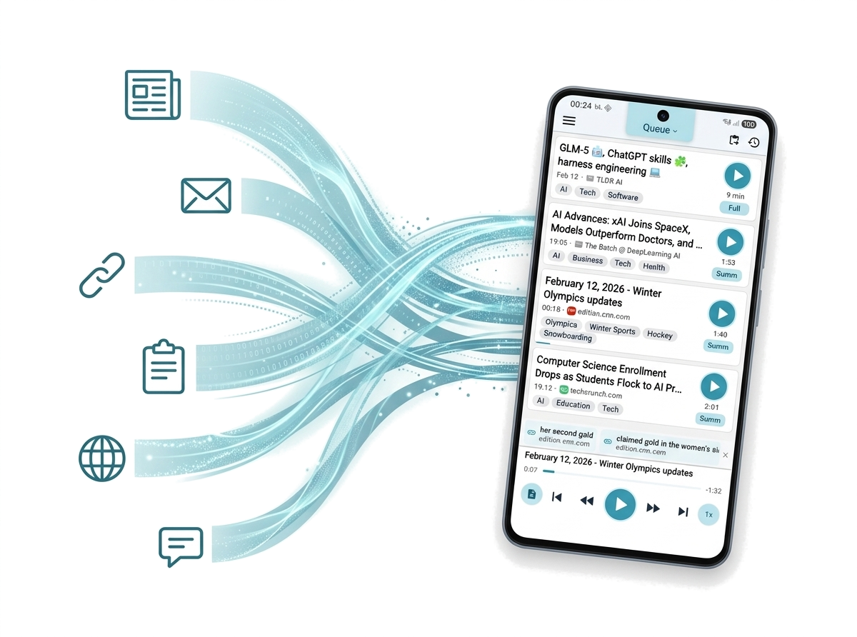 Content from emails, articles, and links flowing into your audio playlist