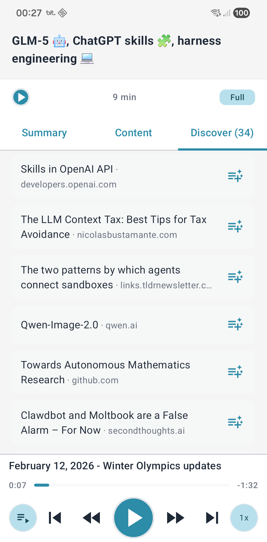 Discover tab showing links found within an article with options to add them to the queue