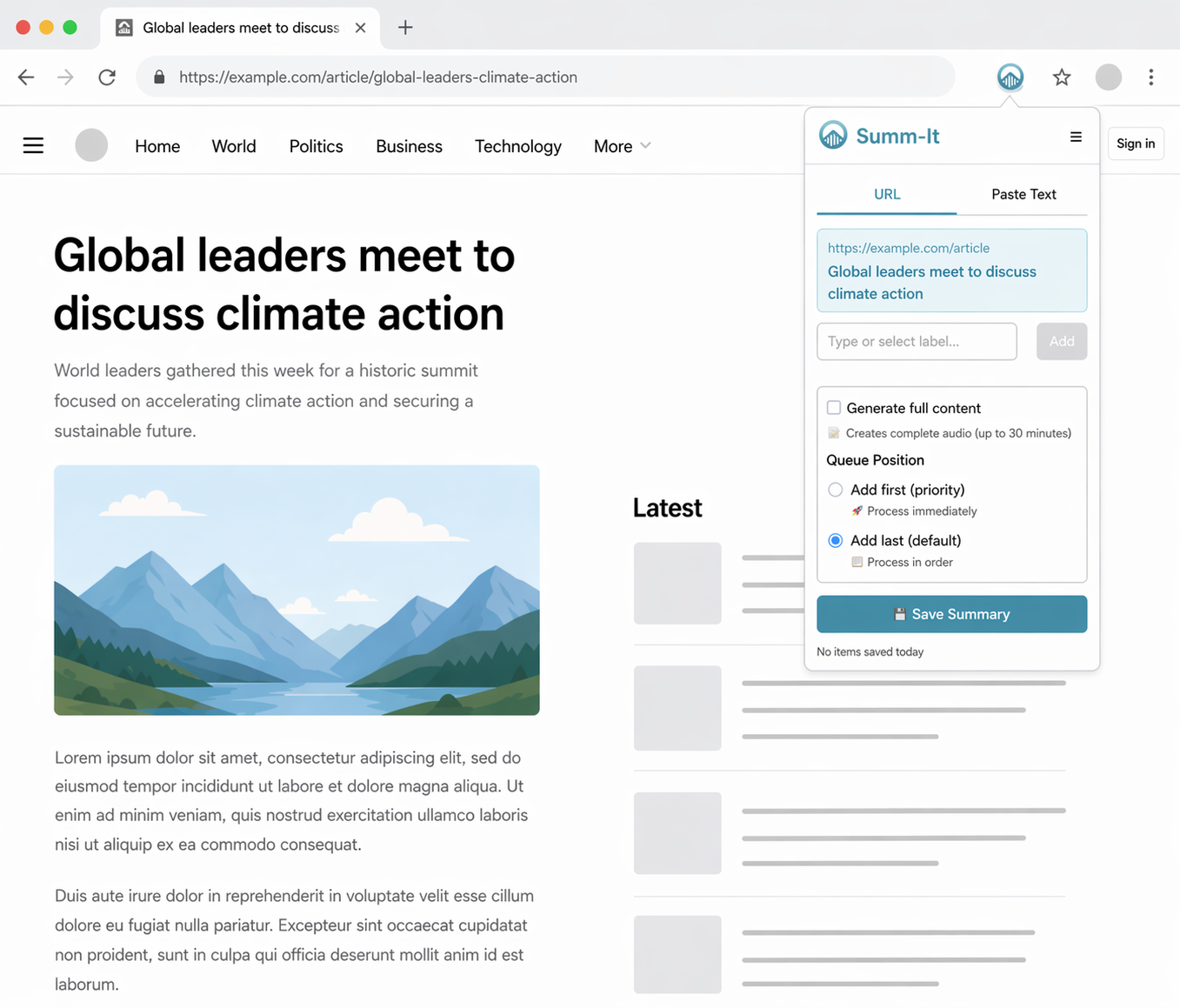 Summit browser extension popup saving an article with labeling and queue options