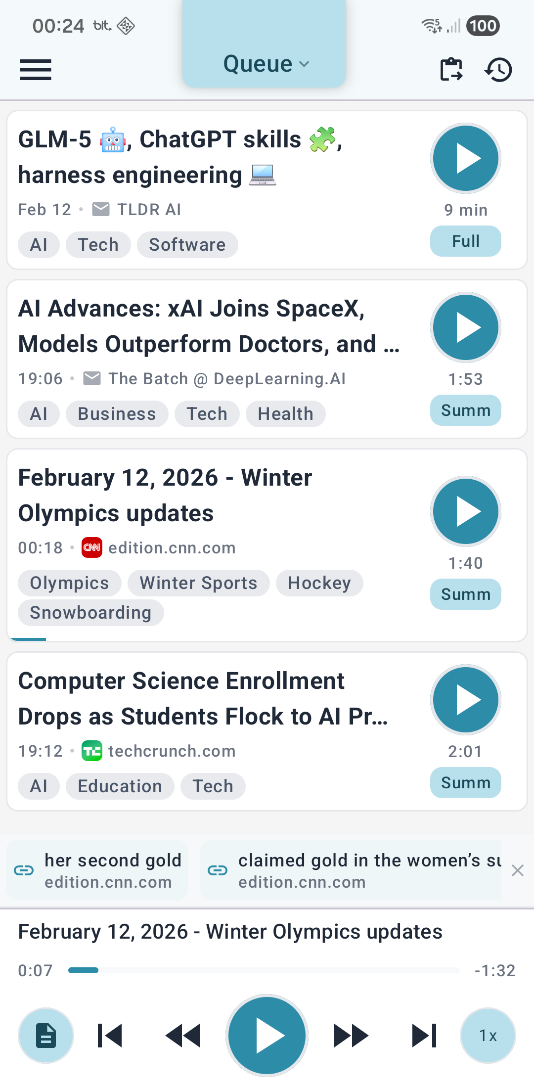 Summit queue screen showing articles organized as a listenable playlist